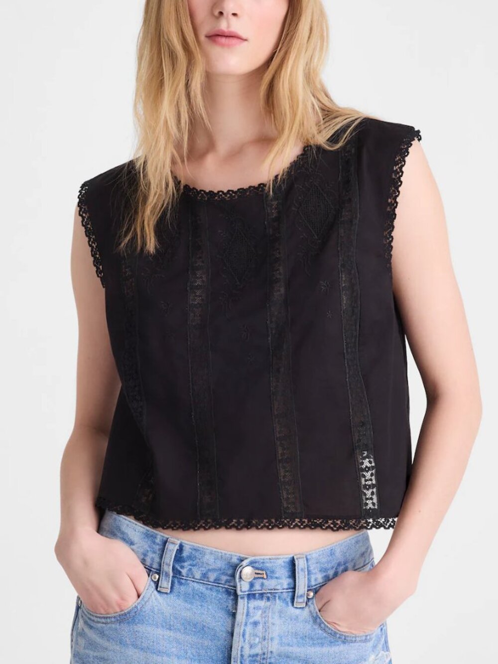 Madewell Embroidered Lace Insert Cotton Cropped Sleeveless Top Black Size XL NWT